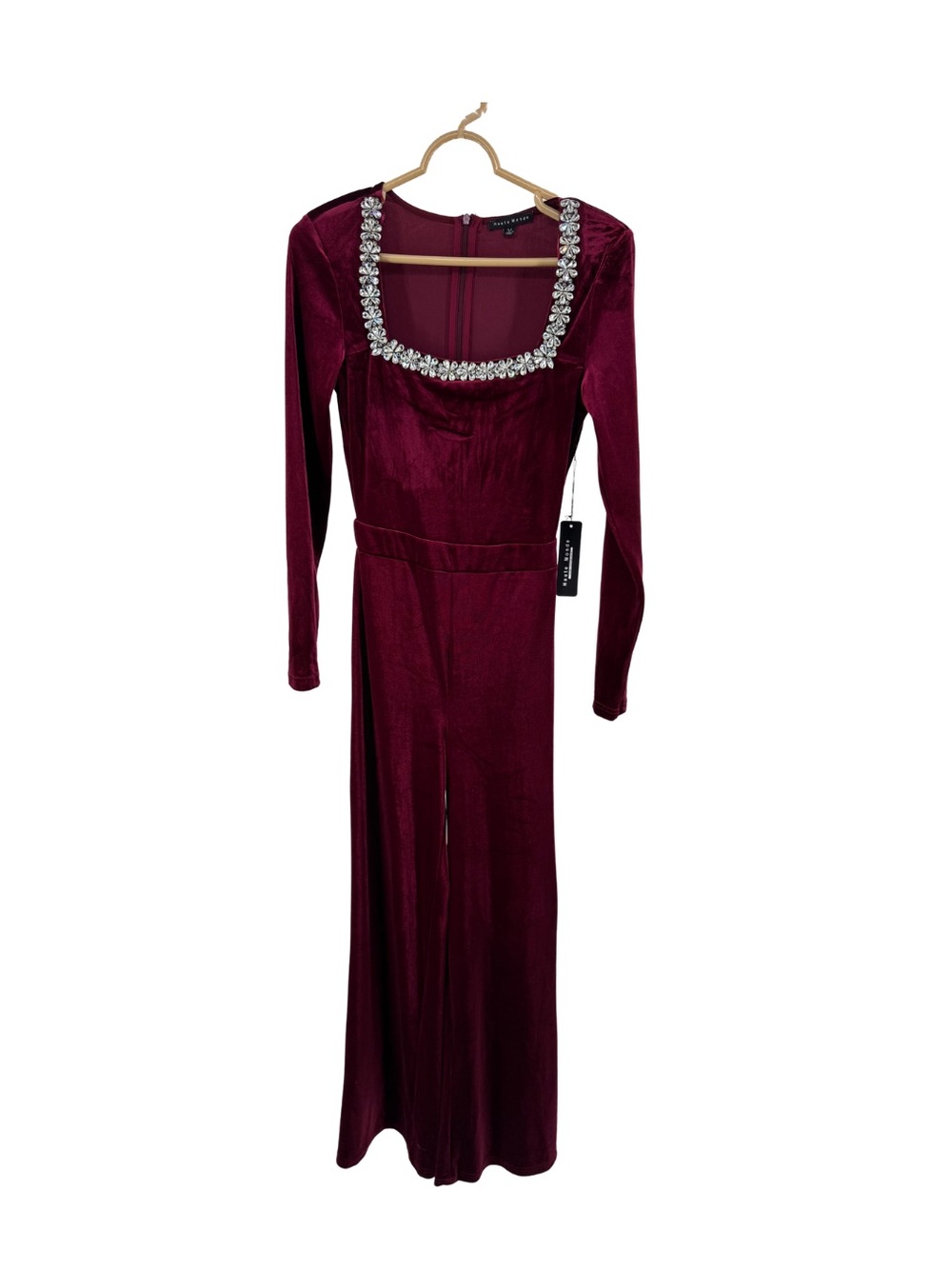 Haute Monde Velvet Jumpsuit rhinestone embellished square neck flare legBurgundy